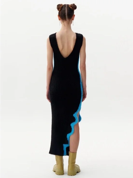 NWT PH5 Faux Fur Reversible Ribbed Midi Dress with Blue Wave Trim - Picture 5 of 9